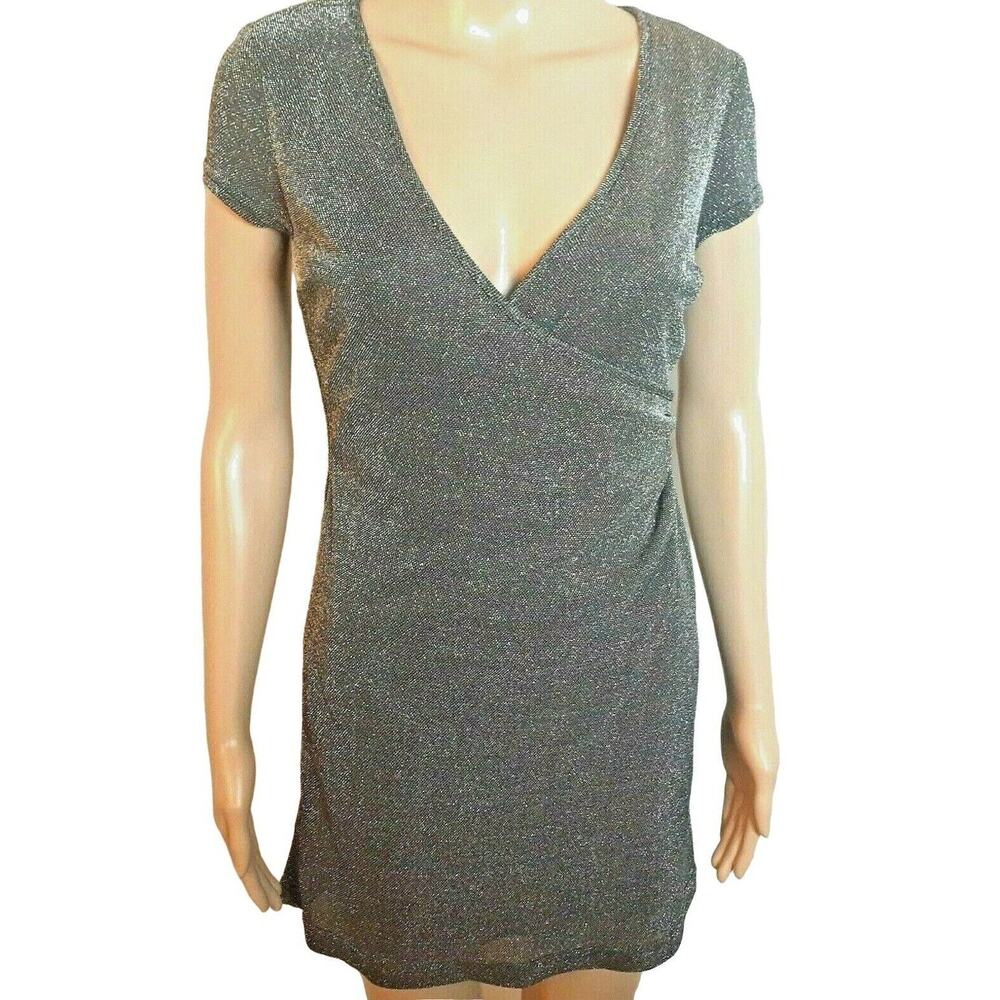 Hourglass Dress Womens Size S Metallic Gray Mini Lined Wrap V-Neck